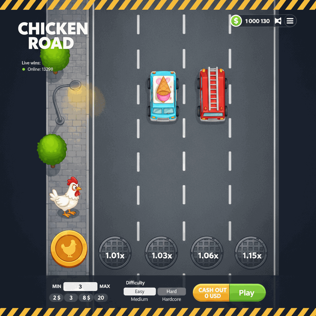 Chicken Road crash game interface showing a cartoon chicken on an urban sidewalk preparing to cross a multi-lane highway with visible multiplier values on circular manhole covers marking each lane, trees and street lamp on the left, dark asphalt road with white dashed lane dividers, and the InOut provider logo displayed on a loading screen