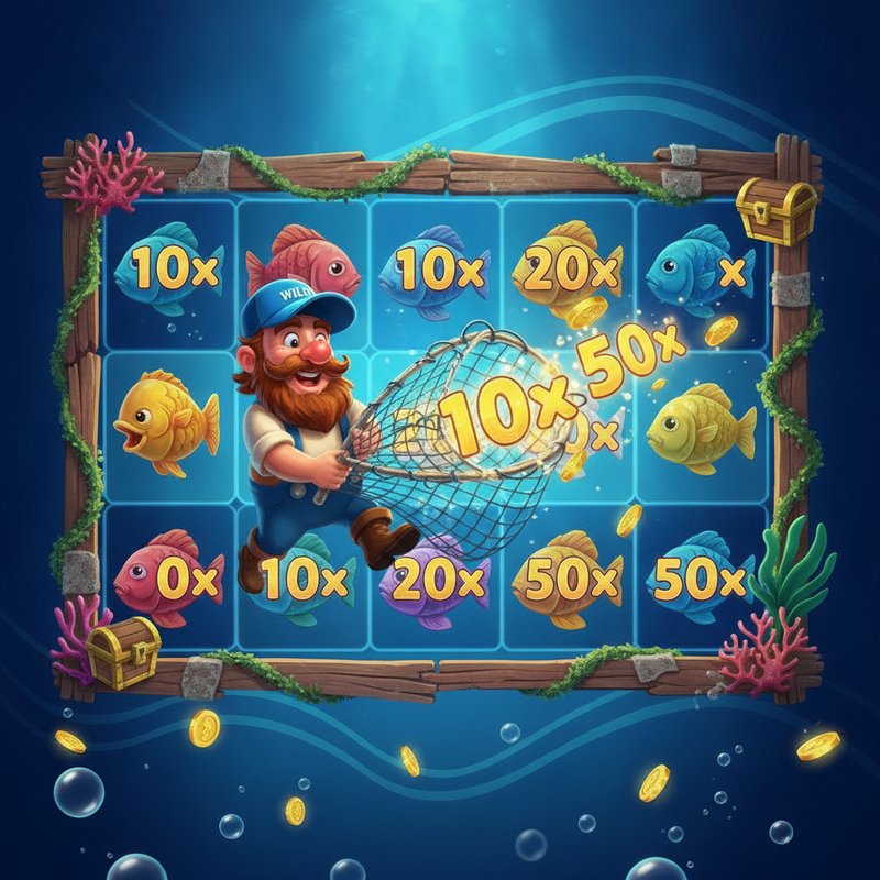 Fishin Frenzy free spins round with fisherman wild collecting fish prize values from the reels