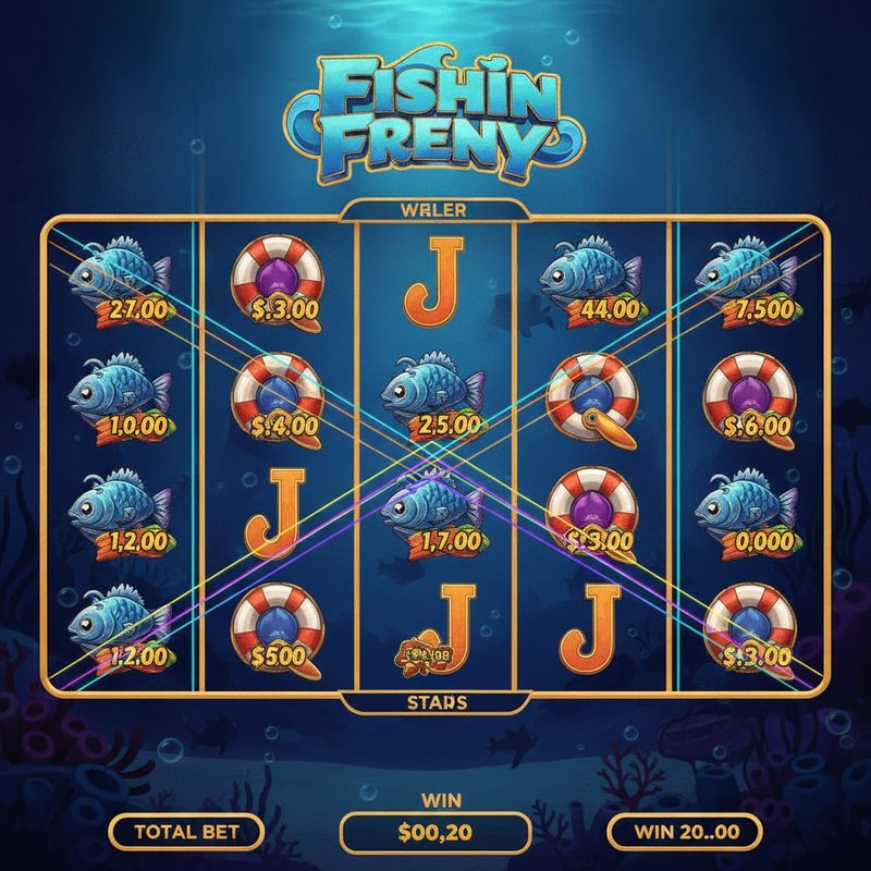 Fishin Frenzy gameplay showing coloured paylines active across the 5x3 reel grid